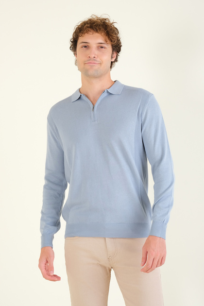 Men's Half Zip Polo Collar Sweater Light Blue