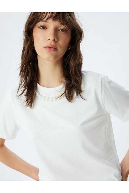 Short Sleeve T-Shirt Pearl Embroidery Detail Crew Neck Cotton
