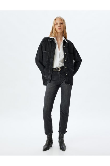 Yüksek Bel Kot Pantolon Düz Paça Düğmeli Pamuklu - Slim Straight Fit Jean