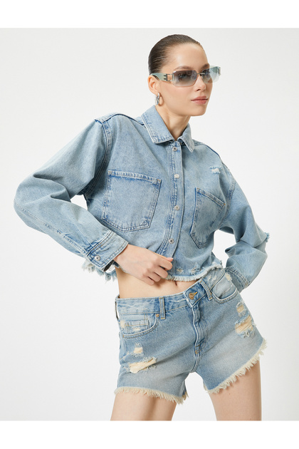 Comfortable Fit Mini Denim Shorts - Worn Out and Pockets