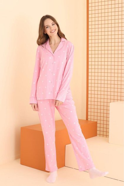 Çiçek Desenli Önden Düğmeli Pijama Takımı 68067