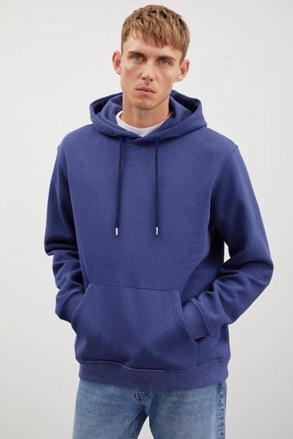 Jorge Men's Soft Hooded Organic Cotton Kangaroo Pocket Regular Navy Blue Sweatshirt