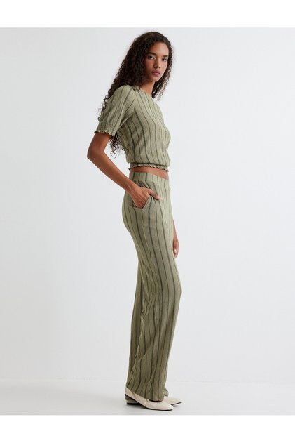 Wide Leg Trousers with Pockets, Textured Standard Waist