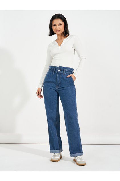 High Rise Straight Fit Paper Bag Waist Jeans