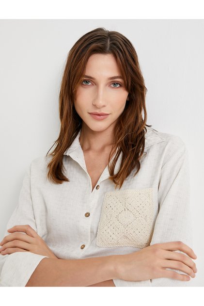 Crop Shirt Pocket Detailed Short Sleeve Linen Blended