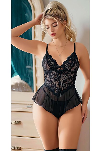 SA LESS Women's Sexy Black Babydoll Fancy Nightgown- Trendyol