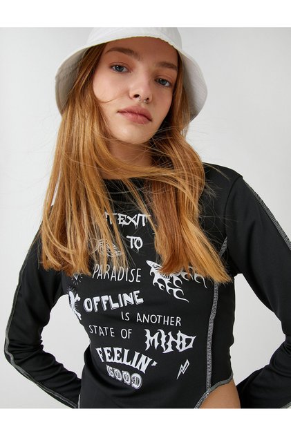 Long Sleeve T-Shirt Gothic Printed Asymmetrical Cut Stand Collar