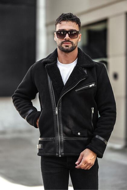 Men's Fur-Trimmed Suede Leather Coat Jacket