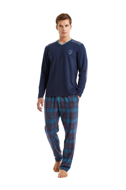 Men's V-Neck Long Sleeve Navy Blue Pajamas Suit C6T0N6O04
