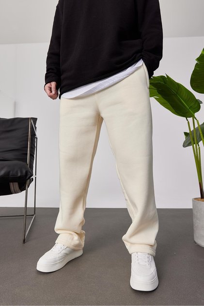 Men's Sweatpants with Loose Cuffs, Cream Color, Oversize, Shaped, Loose Fit, 3 Yarns, Shaped