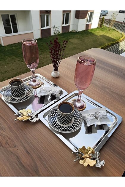 2-Piece Stainless Steel Square Silver Coffee, Tea, Decorative Presentation Serving Tray with Luxury Butterfly Accessories