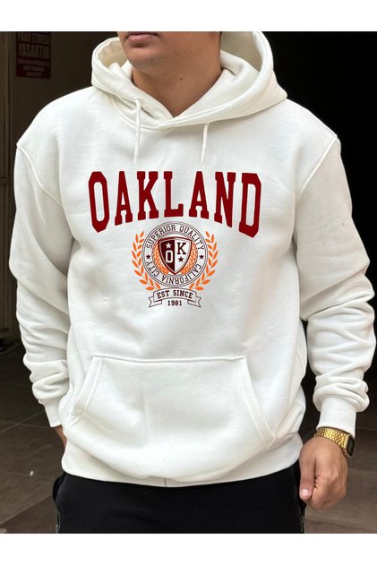 سويت شيرت رجالي أبيض بقلنسوة كبير الحجم مطبوع عليه OAKLAND
