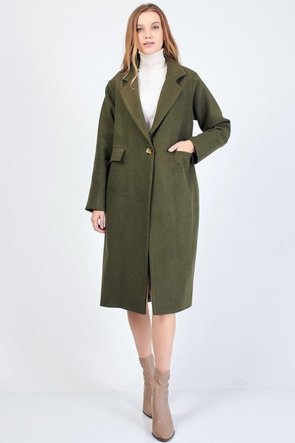 Geniş Ceket Yaka Uzun Kol Cepli Düğmeli Astarlı Şık ve Cool Midi Boy Pamuklu Kaşe Kaban