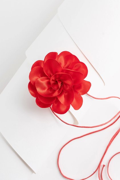 Flower Choker Necklace Satin Red Oval Design (120cm)