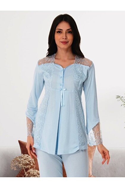 Women's Maternity Pregnant Lace Detailed Long Sleeve Stylish Pajama Set