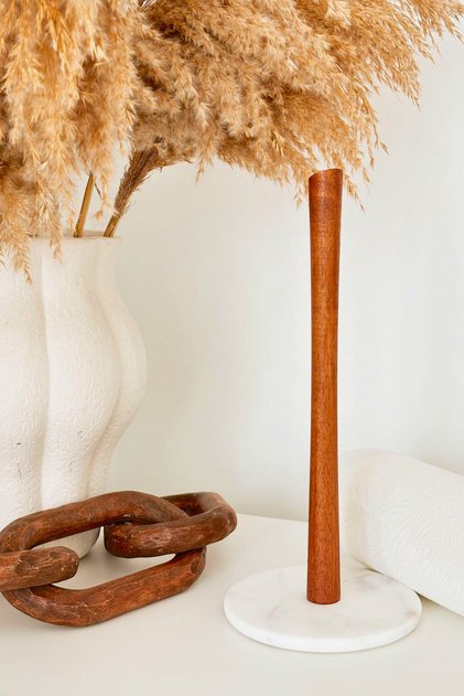 Wooden Countertop Paper Towel Holder with Round Marble Stand, Napkin Holder Stand