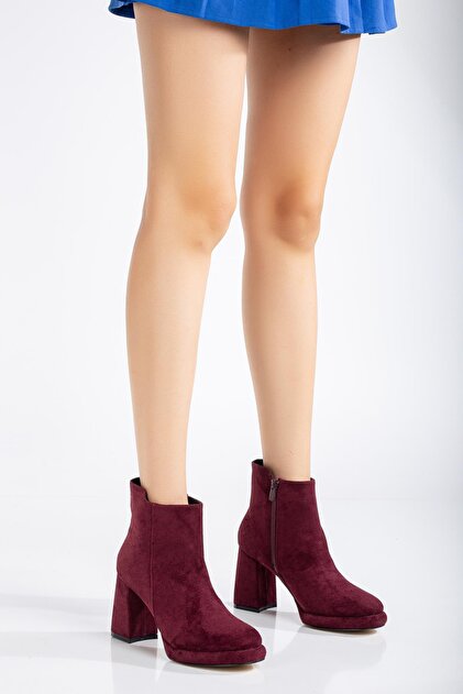 Women's Platform Heeled Boots Burgundy Suede Flat-Front Zippered