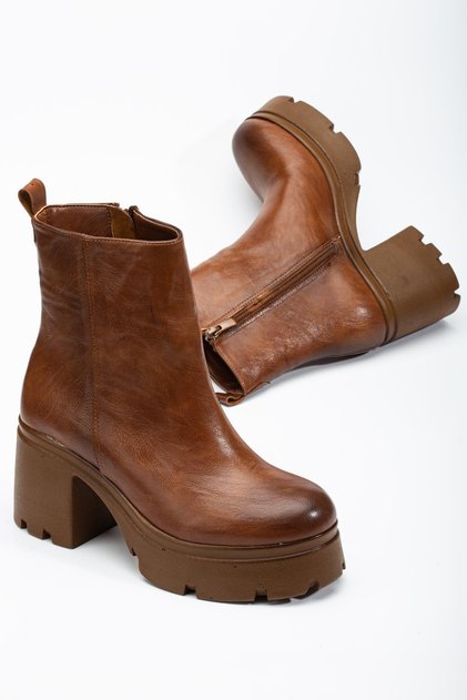 Women's Heeled Boots Platform Tan Plain Front Zippered