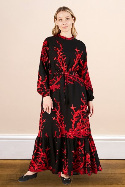 Women's High Collar Large Size Dress with Hijab Viscose Fabric Pleated and Pleated Dress