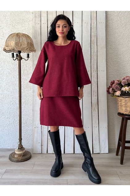 Claret Red Short Skirt-Blouse Set (Set of 2)