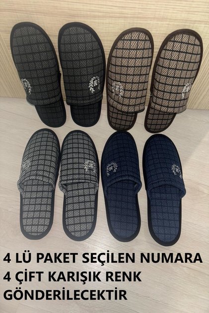 Motifli 4 Lü Erkek Ev Terliği Nakışlı Günlük Önü Kapalı Misafir Terliği Kışlık Ev Misafir Terliği