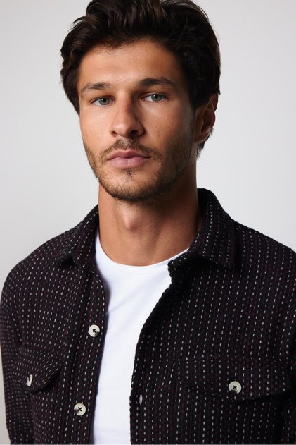 Men's Slim Fit Slim Fit Long Sleeve Striped Double Pocket Winter Lumberjack Shirt