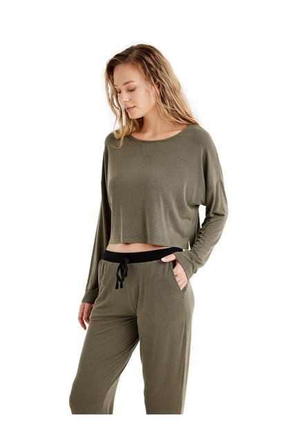 Women's Long Sleeve Khaki Viscous Pajamas Set C8T7N4O06