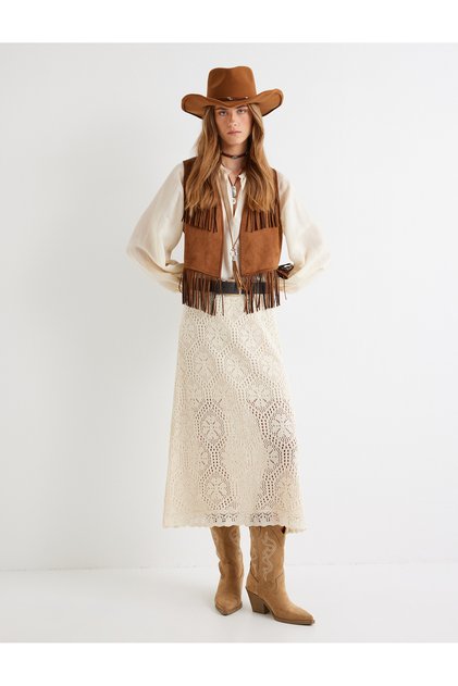 Standard Waist Openwork Floral Midi Length Knitwear Skirt