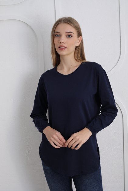 Women's Combed Cotton (Thin) V-Neck Long Sleeve Blouse with Elastic Sleeves and Slits