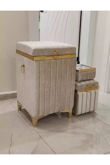 3 Parça Kare Açık Kahverengi Altın Şeritli Modern Kadife Banyo Kirli Sepeti