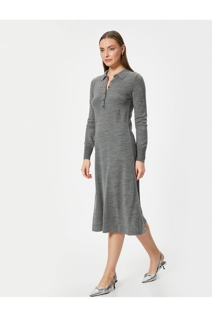 Long Sleeve Button Detail Polo Neck Long Knitwear Dress