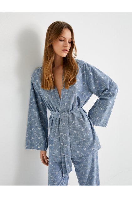 Kimono Waist Belted Floral Embroidered Scalloped