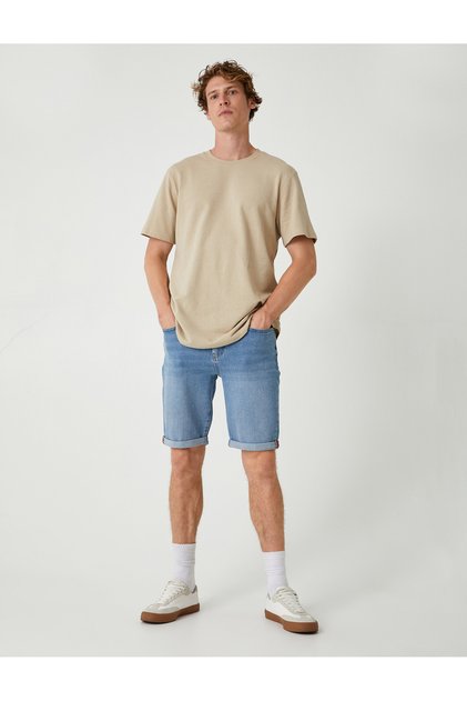 Slim Fit Denim Shorts with Pocket Detail and Folded Hem, Cotton