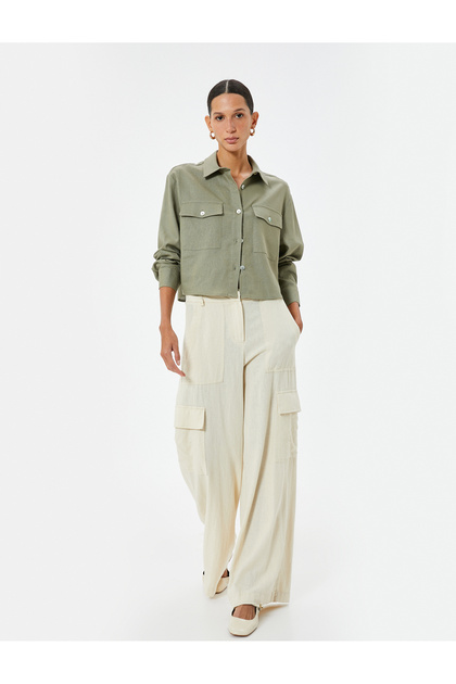 Cropped Linen Blend Long-Sleeve Pocketed Button-Up Shirt