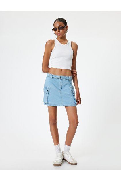 Comfortable Cut Mini Denim Skirt - Cargo Pocket and Buttoned Belt Detail