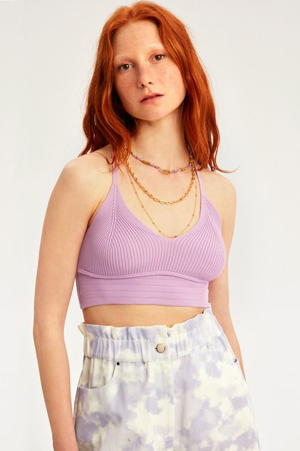 İllas Slim Fit V-Collar Strap Lilac Color Women's Knitwear Crop Blouse