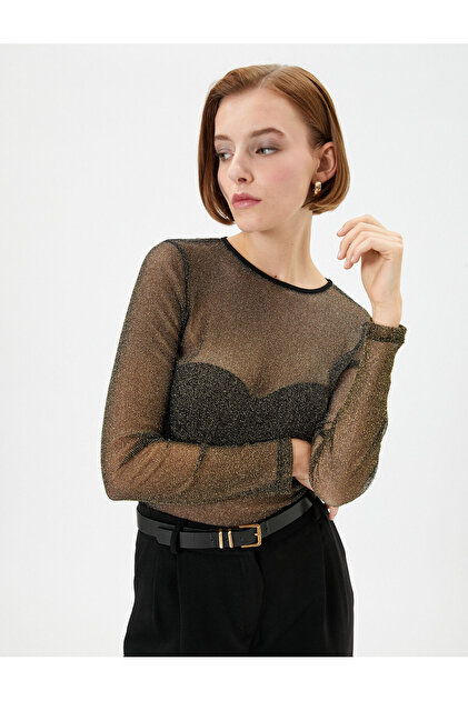 Transparent T-Shirt Glitter Long Sleeve Crew Neck