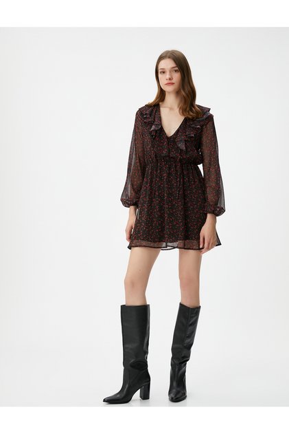 Floral Tulle Mini Dress Ruffles Long Sleeve V Neck Lining