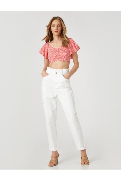 Floral Crop Blouse Gather Detailed Sleeves Flounce