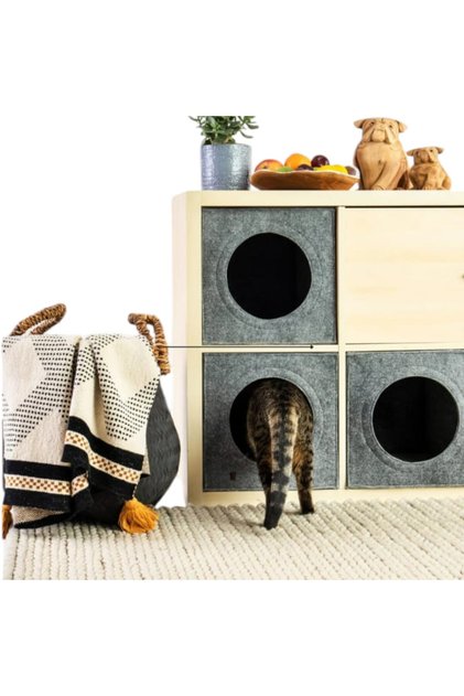Kedi Evi Yuvası Keçe Açık Gri 3mm Kaliteli Keçe 32x32x32 cm 1 Adet (Mindersiz)