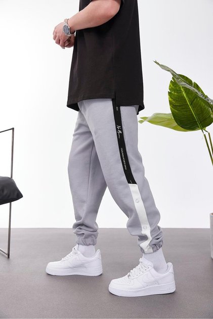 Men's Sweatpants 2 Colors with Snap Fasteners Gray Oversize Striped Loose Fit