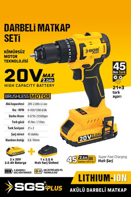 SGS5530 DARBELİ 20 VOLT 2 AMPER 2 AKÜLÜ ŞARJLI VİDALAMA MATKAP SETİ