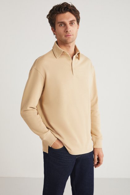 JOHN Erkek Polo Sweat Gömlek Yakalı Arkası Uzun Yırtmaçlı Diagonel Kumaşlı Bej Sweatshirt