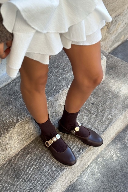 Krakow Brown Matte Accessory Detail Flat Sole Women's Ballerinas