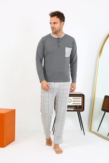 Men's Long Sleeve Combed Cotton Anthracite Pajama Set 6861