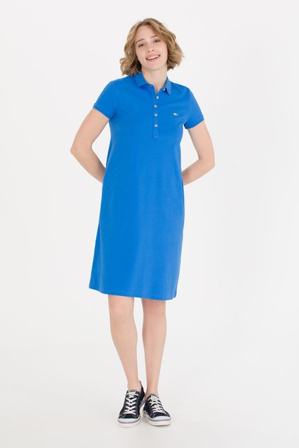Women's Cobalt Blue Polo Collar Knitted Dress