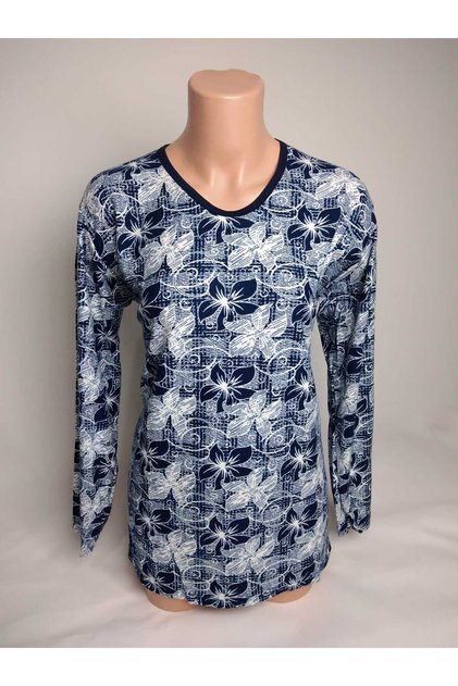 Women's Navy Blue Patterned V-Neck Long Sleeve Seasonal Suede Mother Combed Cotton T-Shirt Blouse with Slits on the Sides