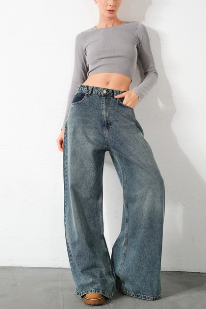 Mavi Ekstra Yüksek Bel %100 Pamuk Lastikli Loose Fit Geniş Paça Jean Kadın Kot Pantolon
