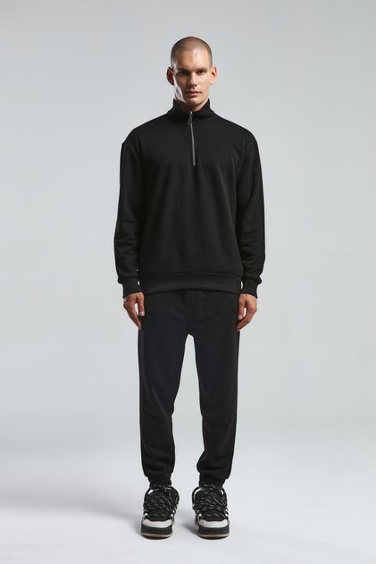 Men's Stand Collar Pigment Printed Winter Regular Fit Black Sweatshirt Bmk0002-S-V01