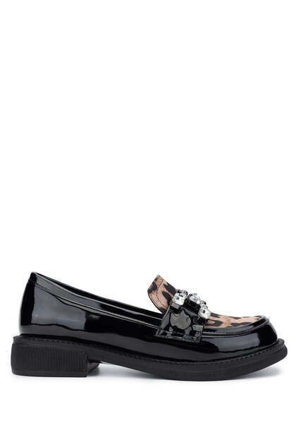 Women's Genuine Leather Black Patent Leather/Leopard Loafer Shoes